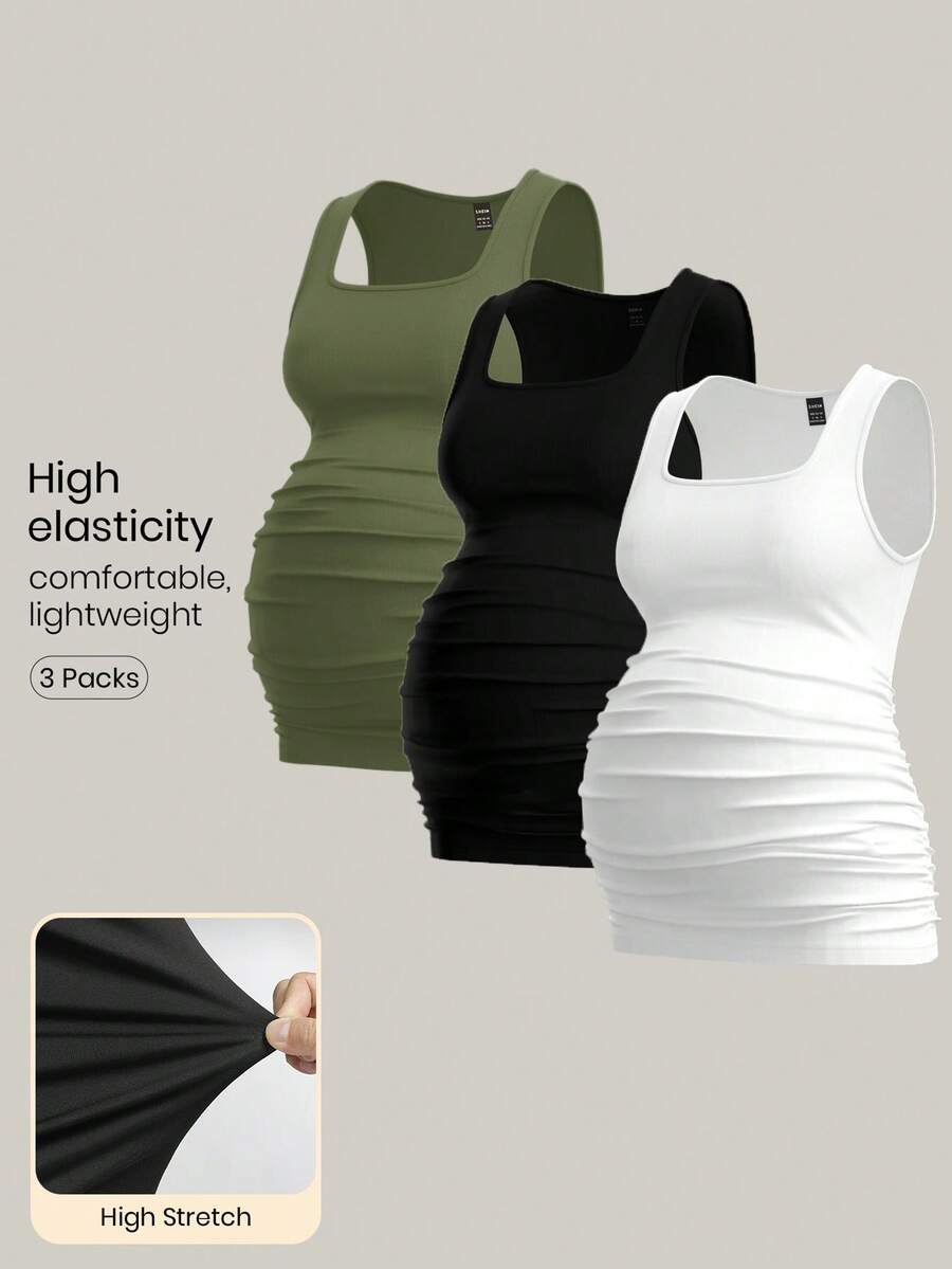 Modmama 3pcs Tank Top Wanita Hamil Warna Polos yang Melangsingkan, Kasual & Sederhana, Sempurna untuk Musim Panas - Hijau Tentara - View 1