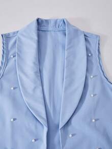 SHEIN 三件套：时尚休闲薰衣草色梭织翻领开襟马甲外套，饰以珍珠，搭配同色系直筒梭织长裤和白色吊带背心。马甲外套的休闲廓形和直筒长裤的垂坠感，使这套三件套适合日常出行和休闲聚会。百搭的春、夏、秋季皆宜穿着。 - 藍色 - 查看 3