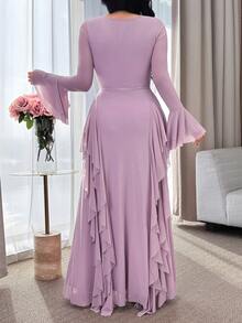 Feyla Vestido de mujer de unicolor elegante con mangas acampanadas y volantes en el bajo - Morado - Ver 2