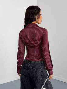 StreetHx Tall Streetwear Women's Striped Long Sleeve Shirt, Spring/Summer - Burgundy - View 2