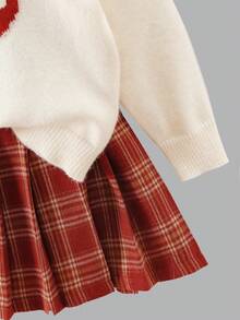Sweetra 女童蝴蝶结提花针织套头衫，复古宽松柔软针织毛衣，红色格子百褶裙，适合万圣节、圣诞节、返校季