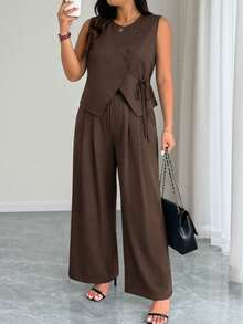 Elenzga 大码休闲通勤纯色背心和裤子套装 - 棕色 - 查看 3