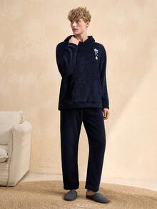 EverLounge 男士皇冠刺绣毛绒连帽衫和裤子睡衣套装 - 寶藍色 - 查看 4