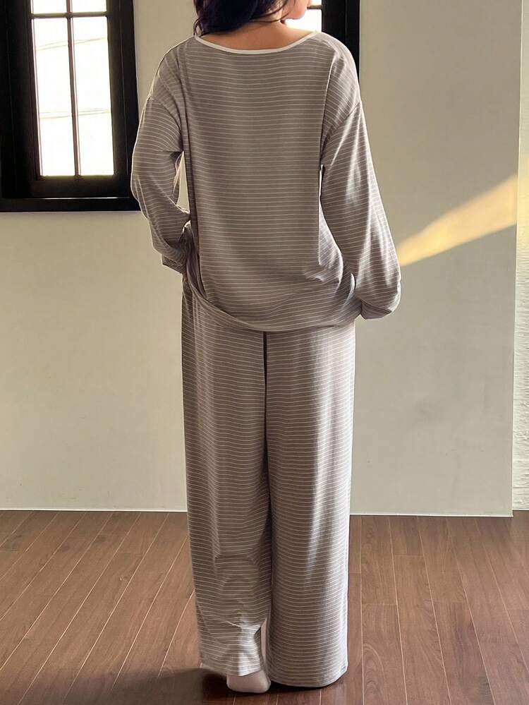 2pcs/Set Women Cartoon Pattern Striped Loose Long Sleeve T-Shirt And Pants Casual Suit