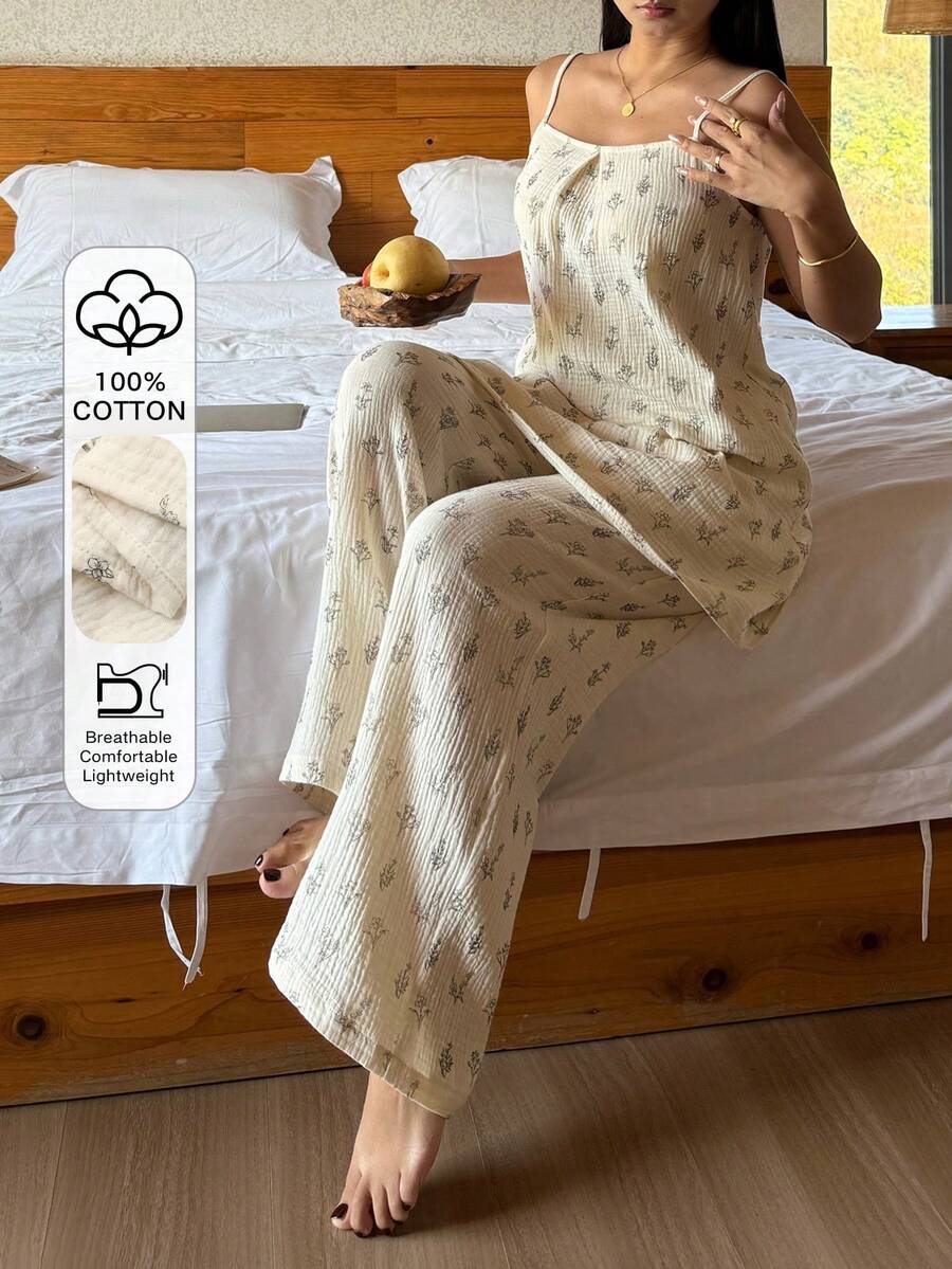 DAZY Floral Chiffon Fabric Long Camisole Top And Loose Pajama Pants Women Sleepwear Set - Beige - View 1