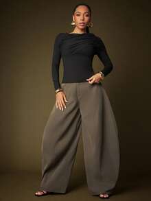Vixey Solid Brown Suiting High Waist Barrel Leg Office Pants