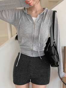 DAZY Women Hooded Zip-Up Jacket, Long Sleeve Short Crop Top - Grey - View 5