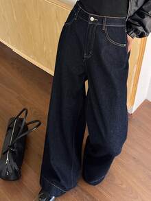 DAZY 女士复古宽松喇叭牛仔裤，春季款 - 藍色 - 查看 4