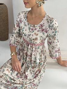 Al Najma 女士圆领褶皱长袖印花优雅收腰阿拉伯风派对连衣裙 - 彩色 - 查看 1