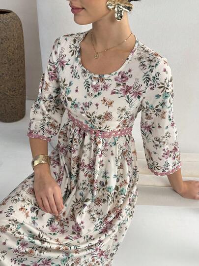 Al Najma Women's Crew Neck Ruched Long Sleeve Floral Print Elegant Waist Cinched Party Arabic Dress