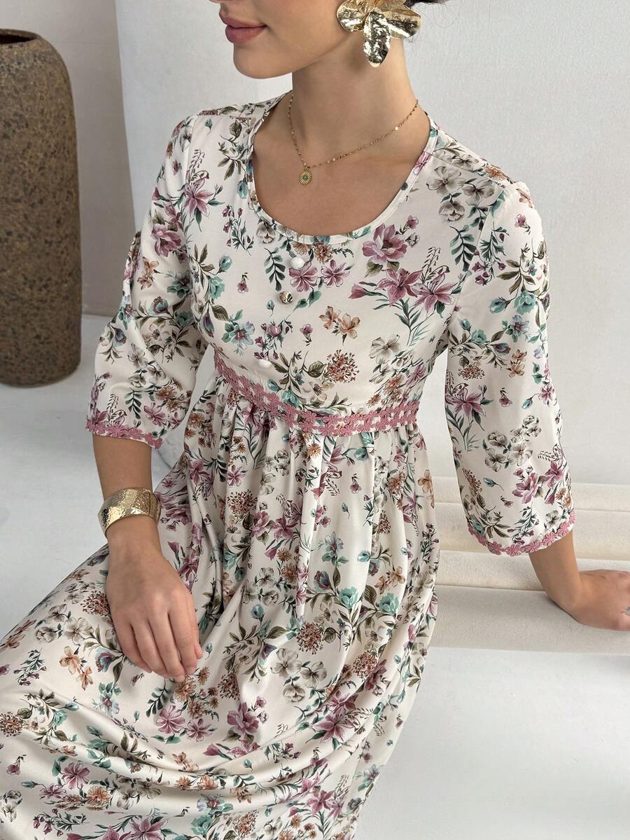 Al Najma 女士圆领褶皱长袖印花优雅收腰阿拉伯风派对连衣裙 - 彩色 - 查看 1