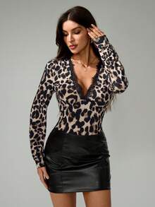 SHEIN Tall Leopard Print Lace V-Neck Long Sleeve Bodysuit For Women - Brown - View 1