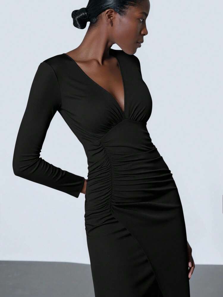 SHEIN Maija New Spring/Summer V-Neck Waist Ruched Fitted Women Dress, Elegant And Chic  St Patrick's Day Women Easter Summer Outfits Easter Dress Women Party Top Beach Dress Summer Holiday Outfits Each Vacation Outfits For Women  Summer Outfit For Women Going Out Outfits Graduation Graduation Outfit  Casual Dresses  Casual Blouses For Women