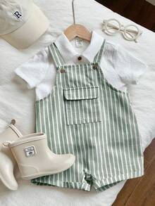 SHEIN 2件套男/女婴舒适休闲百搭可爱白色短袖衬衫和条纹背带短裤连体衣套装，适合室内、室外、日常、运动、玩耍、派对、拍照、度假，春夏皆宜。 - 綠色 - 查看 5