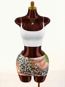 Amplova Leopard & Floral Full Print Rhinestone Embellished Mini Skirt, Super Low Waist - Multicolor - View 7