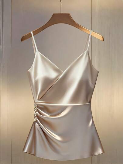 Franclia Women's Minimalist Sexy Criss-Cross V-Neck Decorative Button Backless Camisole Satin Top Silky Top Satin Camisole Champagne Top Satin Blouse Silky Camisole Spaghetti Strap Top Cami Top