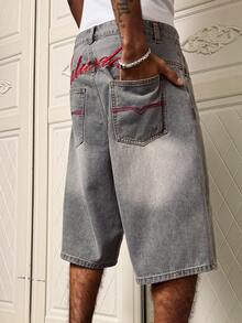 Manfinity EMRG Quần short denim nam ống đứng thêu họa tiết - Màu Xám nhạt - Xem 6