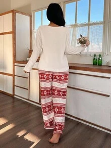 Lazeform 两件套撞色口袋抓绒圣诞印花长袖蓬松睡衣套装，女士冬季蓬松睡衣，3天送达，舒适套装，女士家居服，女士长袖家居服套装，套装包含1件和2件，圣诞秋季服装 - 彩色 - 查看 8