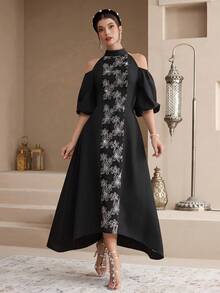 Al Najma Women's Floral Print Hollow Out Stand Collar Arabic Style Dress - Black - View 5