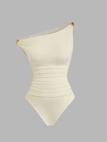 Sweetra Sexy Asymmetrical Shoulder Sleeveless Bodysuit For Women, Stylish & Slimming, Suitable For Spa, Vacation - Apricot - View 6