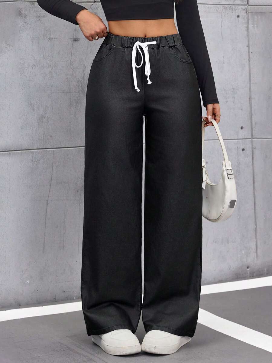 Flexra Women's Casual Versatile Street Style Elastic Waist Drawstring Straight Leg Coated Black Woven Pants - Black - View 1