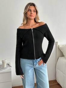 EURMUSE 女士纯色露肩长袖拉链前开时尚针织开衫 - 黑色 - 查看 3