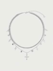 Glisma 18K镀金双十字项链，哥特风/复古风，串珠，西部风珠宝，金属质感，宝石，秋冬款，送给妈妈/女士/女孩/母亲，高级，复古，十字架/性感/优雅，夏季/海滩/舞会款，多层/宝石/串珠/水晶，吊坠/粗犷 - 白K - 查看 4