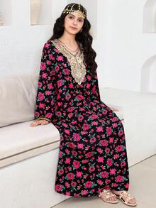 宽松休闲舒适V领碎花金色领饰连衣裙，适合少女穿着 - 彩色 - 查看 3