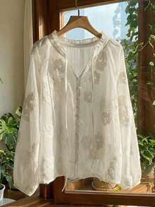 Airaco Women's Floral Jacquard Raglan Sleeve Single-Breasted Fashion Shirt - White - View 1