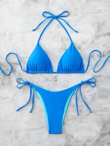 Swim Vcay Bộ bikini cổ yếm màu trơn dành cho nữ, thích hợp cho kỳ nghỉ biển. - Màu xanh lam - Xem 9