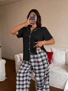 Dream Adore Plus Size Casual Button Decor Plaid Print Short Sleeve Pajama Set - Black - View 5