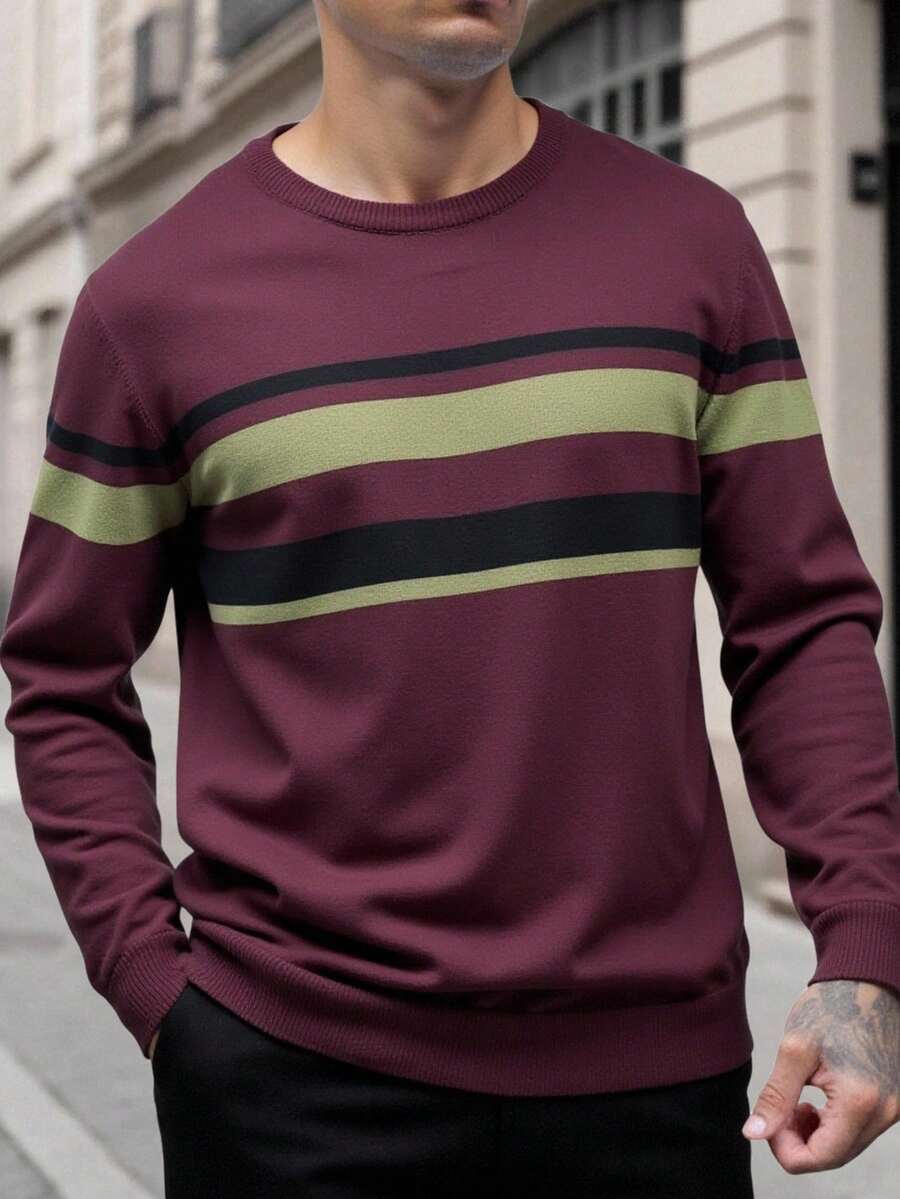Manfinity Homme 男士条纹圆领长袖休闲套头毛衣，秋冬款 - 酒紅色 - 查看 1