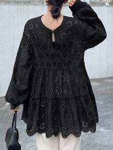 FRIFUL Women's Round Neck Cotton Embroidered Loose Hem Ruffle Patchwork Lantern Sleeve Blouse T-Shirt