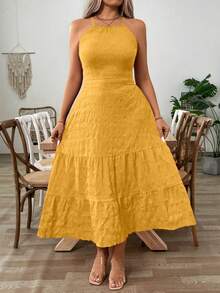 SHEIN Clasi Damen Große Größen einfarbiges rückenfreies Rüschen-Saum Urlaubs-Neckholder-Kleid - Gelb - Übersicht 3