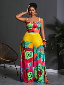 Slaydiva Bộ đồ hai mảnh dành cho nữ cỡ lớn: Áo hai dây ôm sát và quần dài xẻ tà, màu vàng trơn, thích hợp cho trang phục Giáng sinh/Năm mới, Lễ Tạ ơn, đi biển, gợi cảm, kỳ nghỉ, dạo phố thường ngày. - Nhiều màu - Xem 4