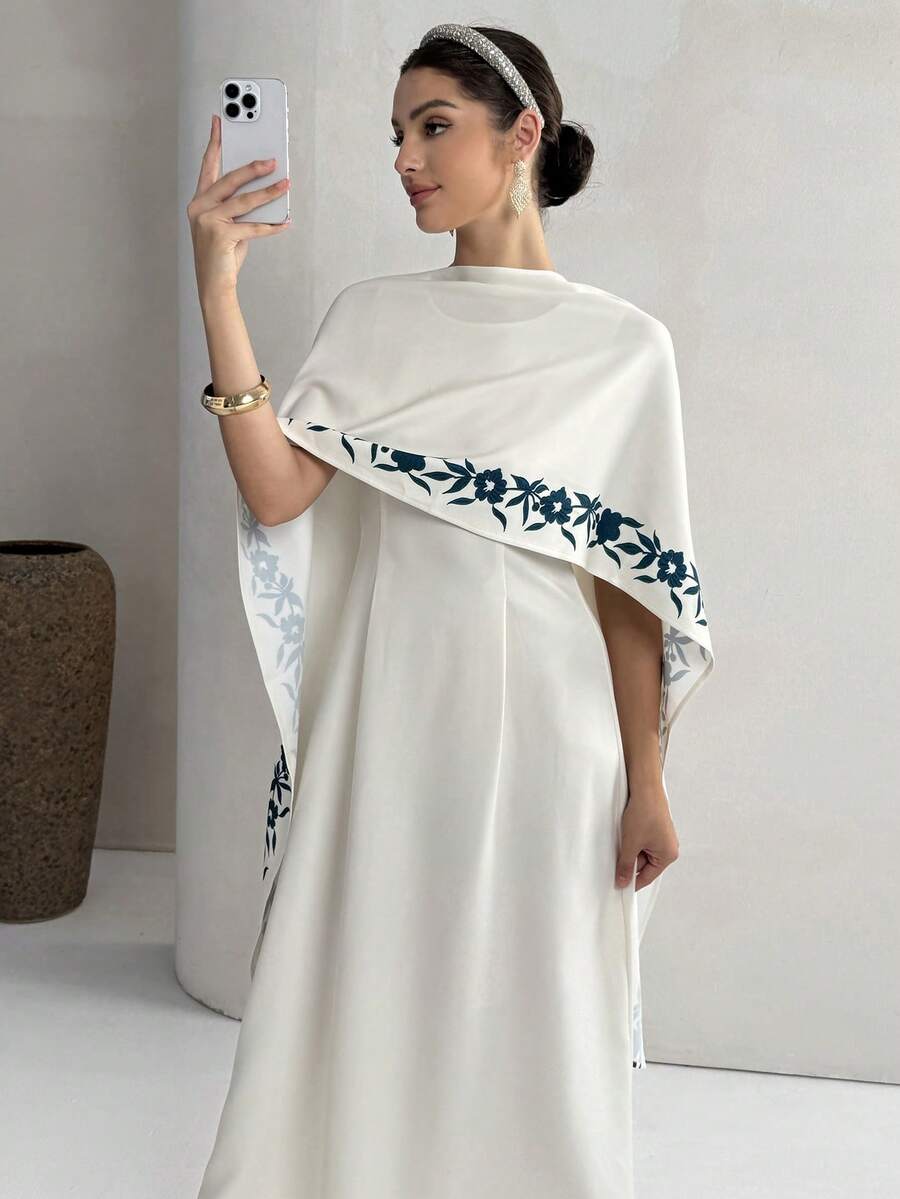 Yasmyna 女士花卉印花披肩设计优雅阿拉伯连衣裙 - 白色 - 查看 1