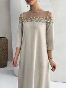 Yasmyna 女士花卉刺绣网纱拼接休闲宽松派对旅行长袖阿拉伯连衣裙 - 杏色 - 查看 7