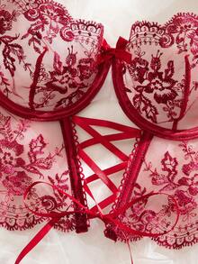 Myrelith 2件套女士性感花卉刺绣网纱蝴蝶结装饰内衣套装