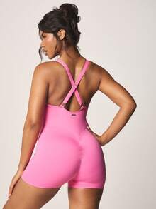 Missguided x Playboy Cross Back Fitted Active Romper One Piece Unitard With Logo Detail Summer Exercise Jumpsuit - Pink - View 2