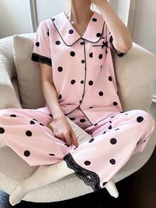 SHEIN Napfluff 仿丝绸波点饰边开衫睡衣套装 - 粉色 - 查看 1