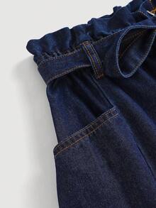 Girlism 少女纽扣腰带设计时尚百搭休闲牛仔迷你裙 - 深色水洗藍 - 查看 3