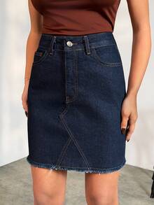 EURMUSE Jupe courte en jean à poches obliques et ourlet effiloché, à la mode été pour femme - Jean brut - Voir 5