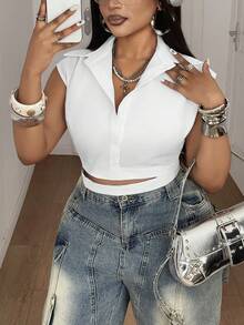 Maweii Blusa de moda sin mangas con cruce y lazo delantero para tallas grandes - Blanco - Ver 6