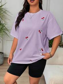 Solflare Plus Size Cherry Embroidery Casual Short Sleeve T-Shirt, Lavender, Summer Tops - Mauve Purple - View 4