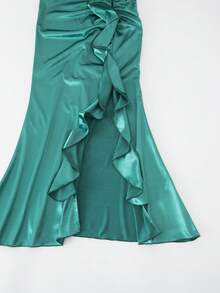 少女紫色缎面吊带长裙，适合派对/宴会的正式礼服 - 藍色 - 查看 4