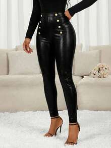 SHEIN Lady 女士时尚金属扣高腰打底裤