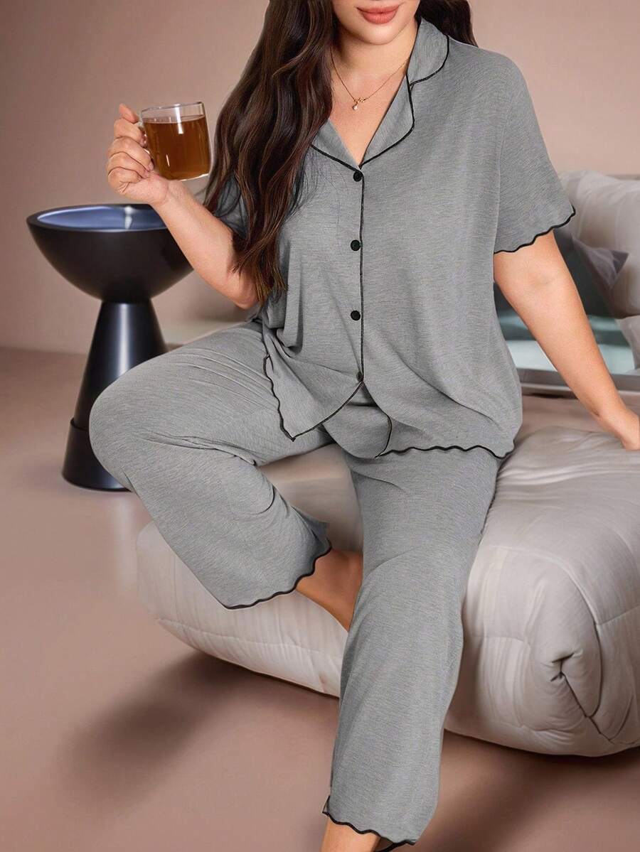 Lazeform Casual Loose Frill Trim Super Soft Drapey Lightweight Summer Knit Khaki Fabric Plus Size Frill Trim Short Sleeve Pants Set Curve Pajamas Set Button Up Pajama Set Lounge Wear Set Two Piece Sleepwear Set - Light Grey - View 1