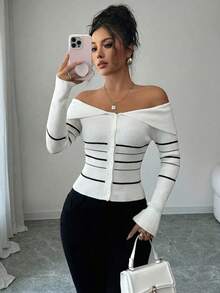 GlowEve Women's Elegant Romantic Off Shoulder Knitted Cardigan - Black and White - View 1