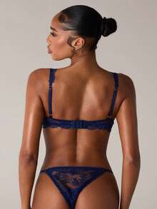 SHEIN BAE Conjunto de lencería sexy de sujetador y pantie con encaje floral - Azul Marino - Ver 2