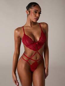 SHEIN BAE Bộ đồ liền thân cổ chữ V khoét sâu ren gợi cảm cổ điển không gọng dành cho nữ khi đi chơi - Màu Đỏ Sâu - Xem 6